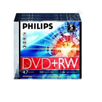 5 philips 4X dvd+rw blank dvd discs in jewel cases
