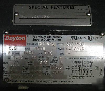 Dayton premium severe duty 2HP motor 3PH 1730RPM 5N801A