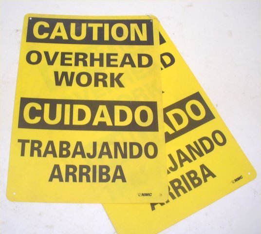 2 safety sign caution overhead work english / spanish 