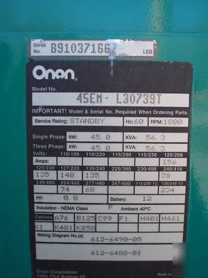 Onan 45KW lpg/ng genset, low hours reconditioned 