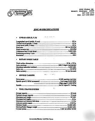 2001 machining systems HMC60 horizontal machiningcenter