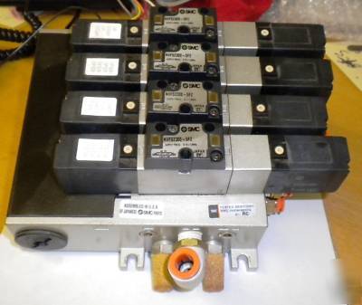 4 smc VFS2000 series 5 port solenoid valves on manifold