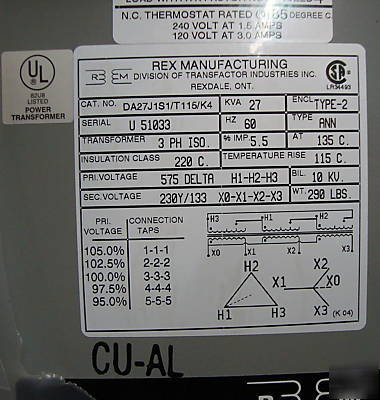 New 27KVA transformer 575 to 230Y/133V, 3PH. isolat.