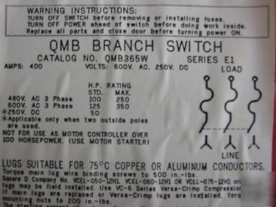 Square d qmb branch switch 400 amp fusible QMB365W 600V