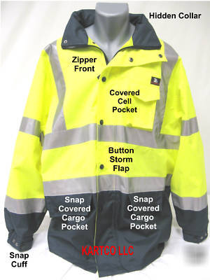 Hi-viz lime/grn waterproof rain coat-blk collar-3XL