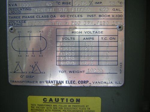 Transformer 1000 kva vantran, tested and certified