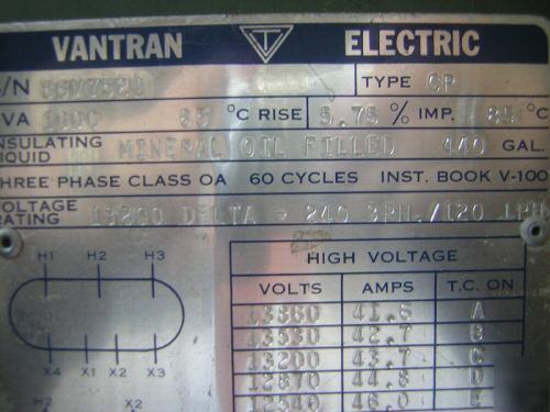 Transformer 1000 kva vantran, tested and certified