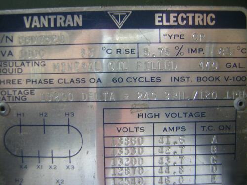 Transformer 1000 kva vantran, tested and certified